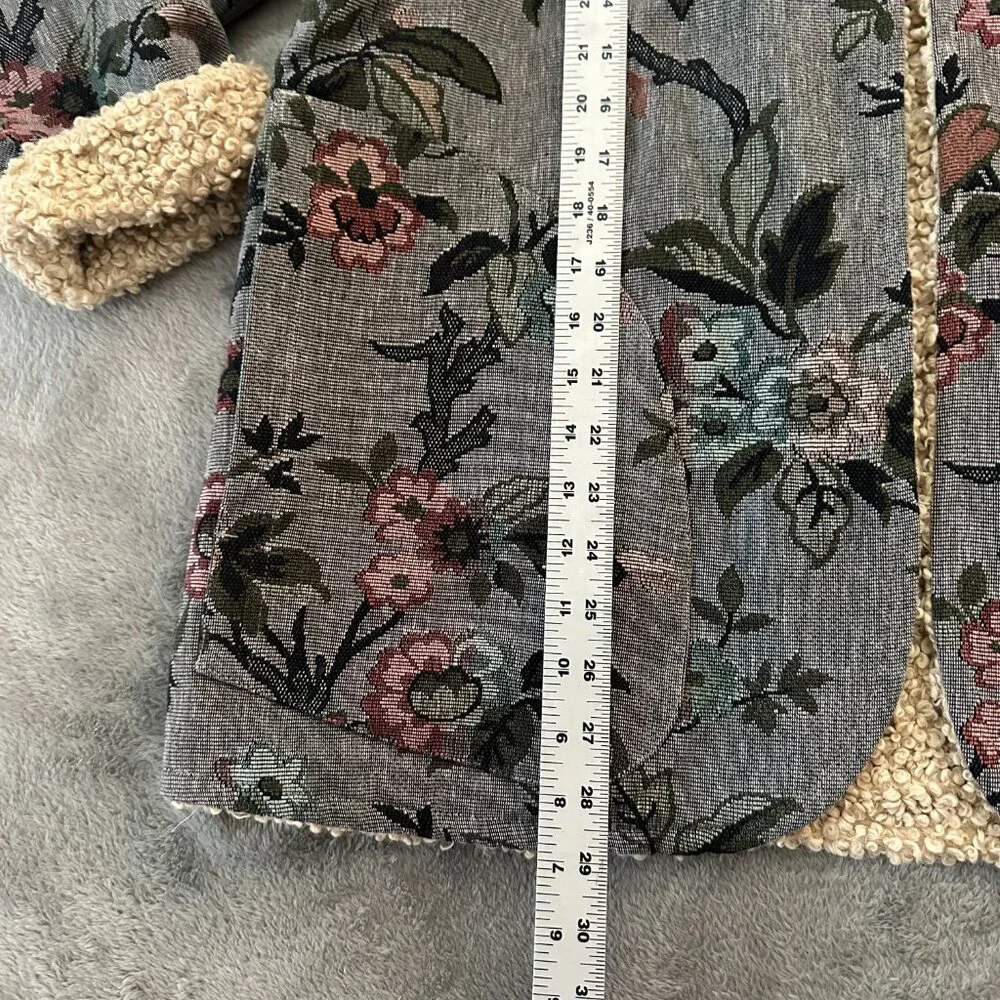 Sundance Coat Jacket Medium Petite Tapestry Sherpa Reversible Floral Hooded - Picture 5 of 6